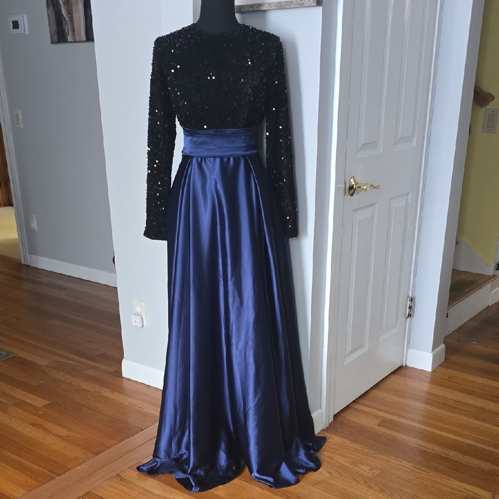 Elegant Black and Blue Evening Gown NWOT